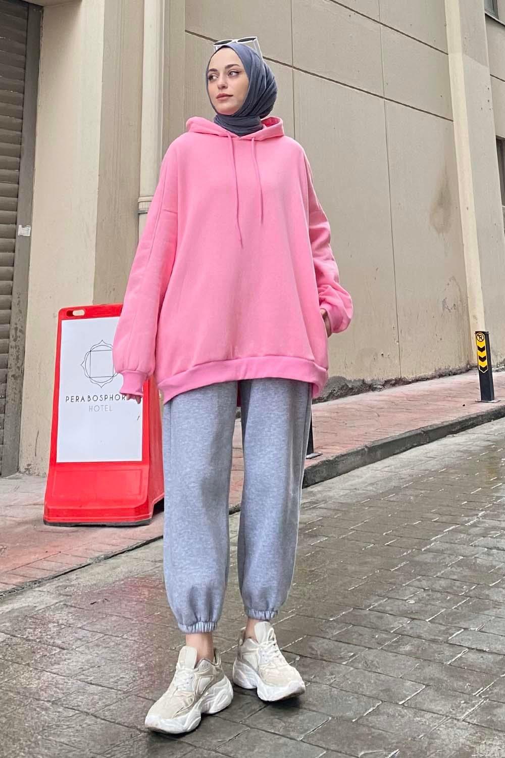 Kapüşonlu Oversize Yan Cepli Sweat Pudra