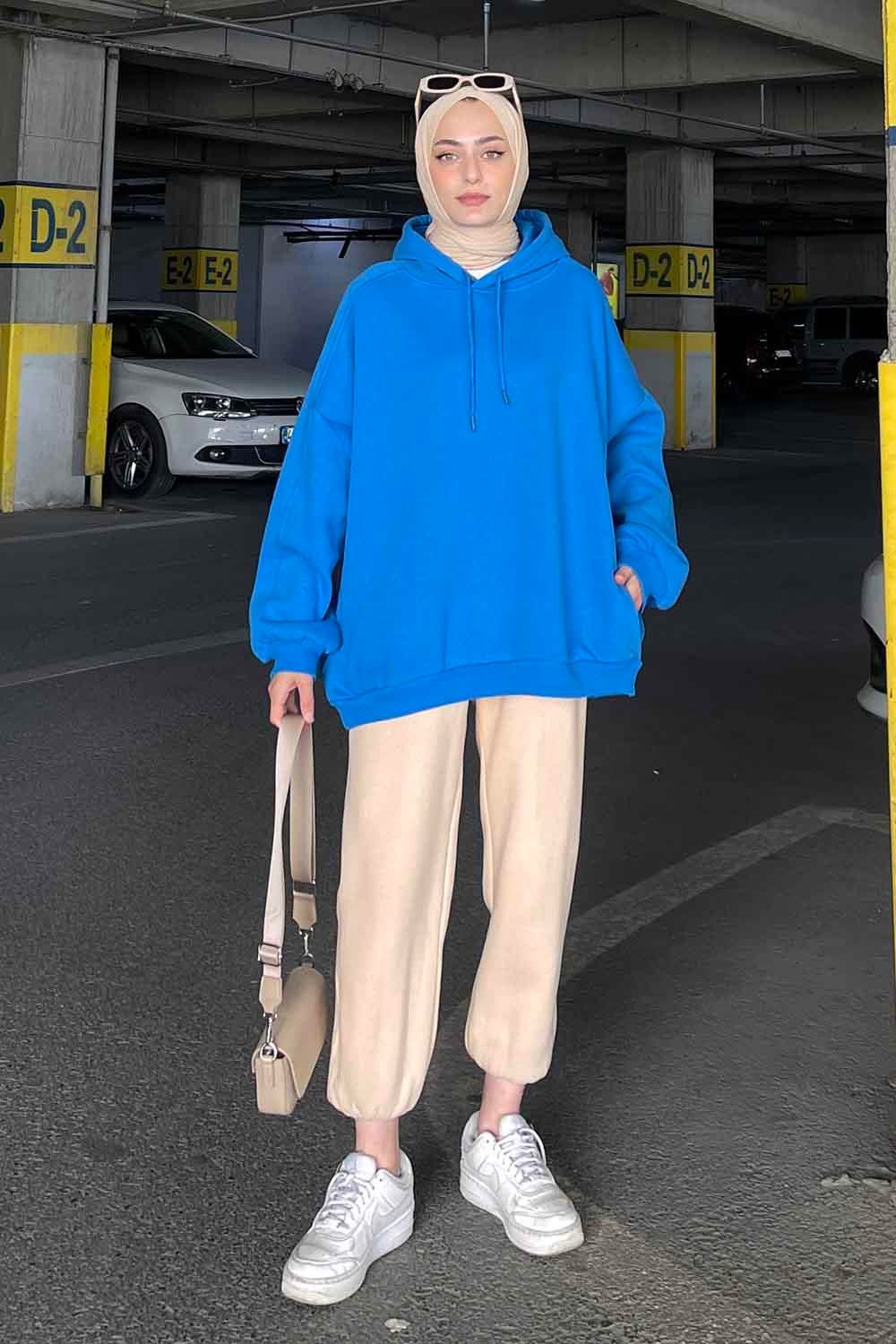 Kapüşonlu Oversize Yan Cepli Sweat Saks Mavisi