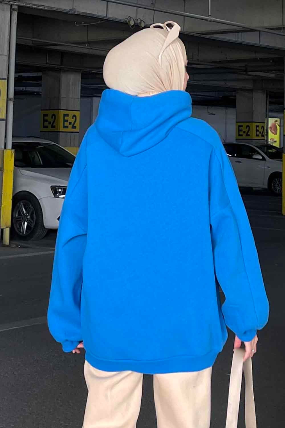Kapüşonlu Oversize Yan Cepli Sweat Saks Mavisi
