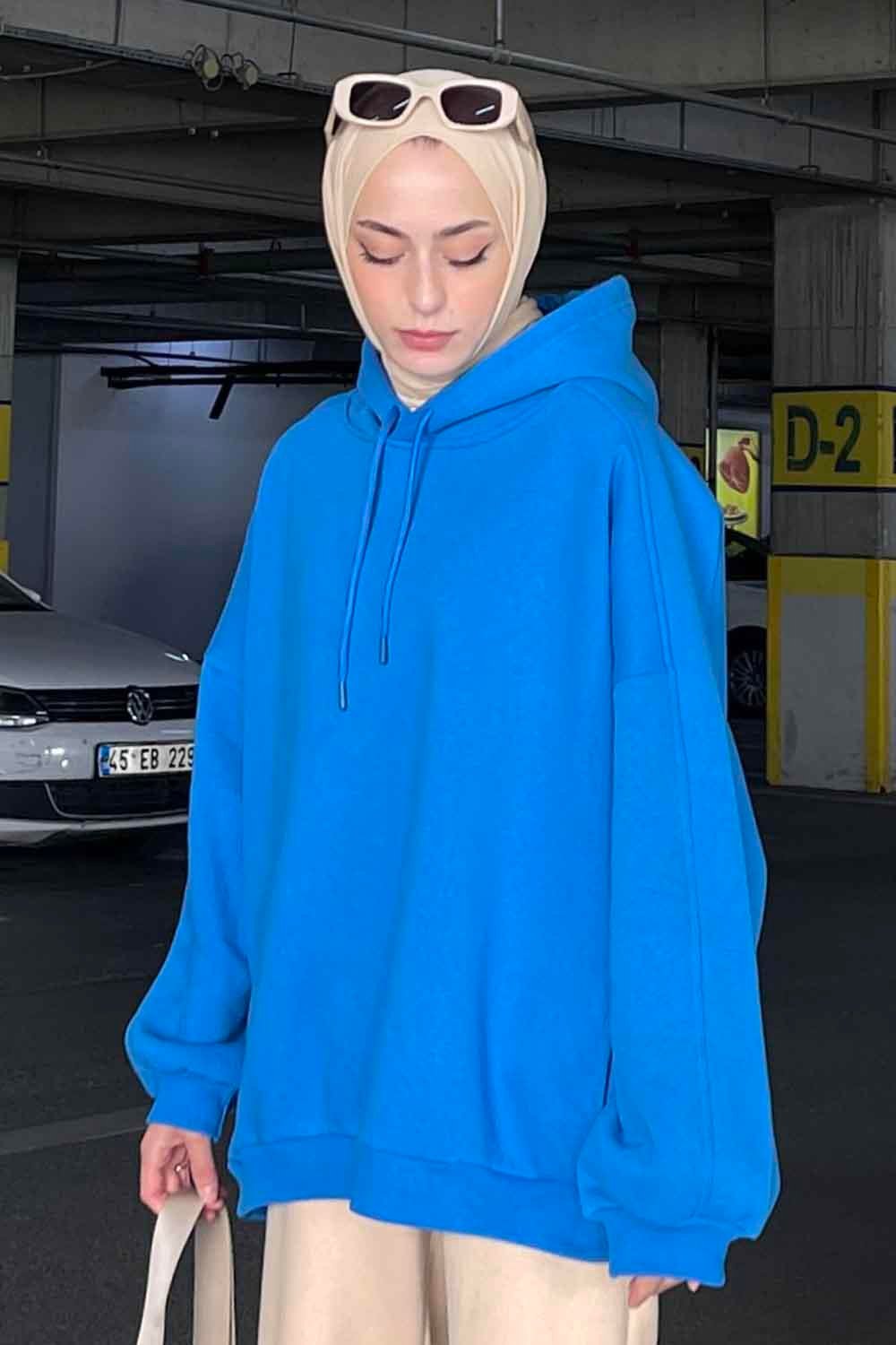 Kapüşonlu Oversize Yan Cepli Sweat Saks Mavisi