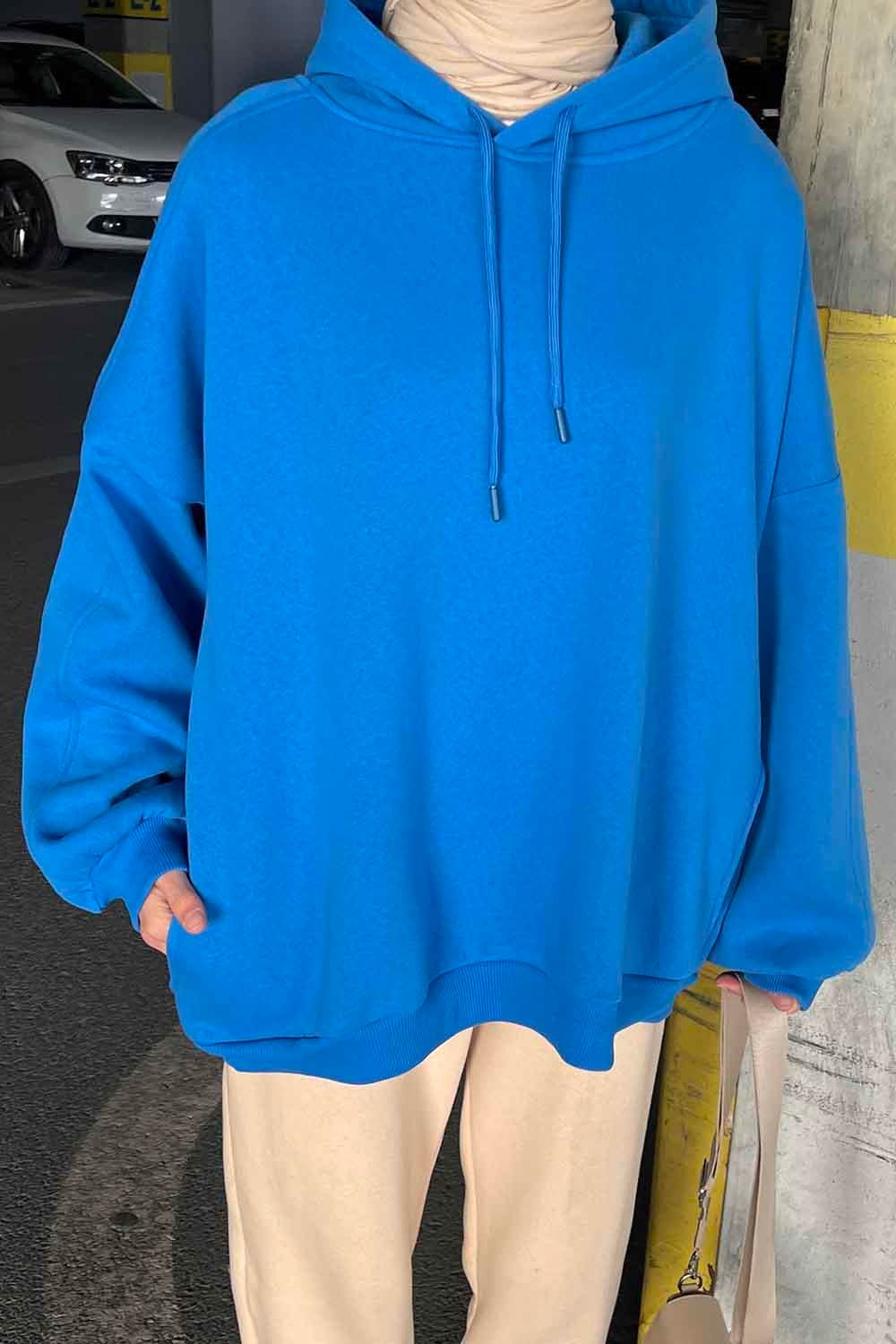 Kapüşonlu Oversize Yan Cepli Sweat Saks Mavisi