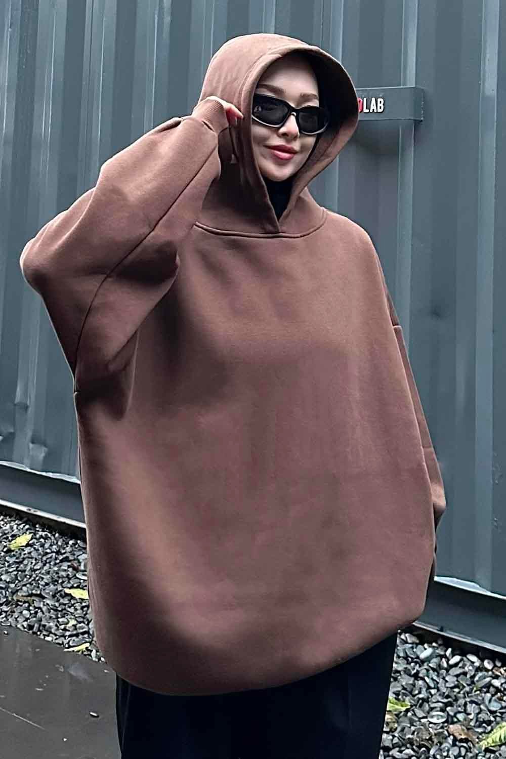 Kapüşonlu Salaş Sweatshirt Acı Kahverengi