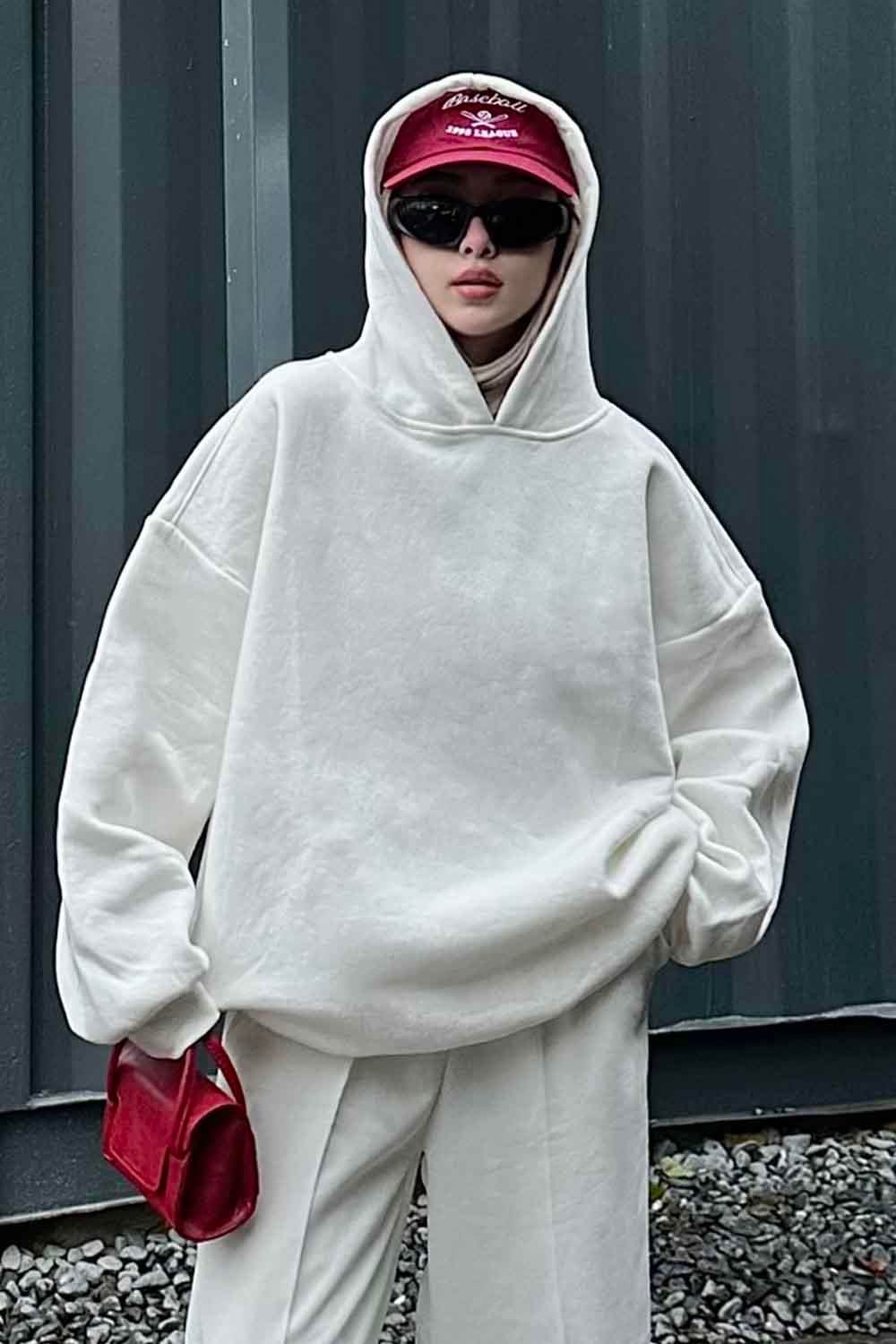Kapüşonlu Salaş Sweatshirt Beyaz