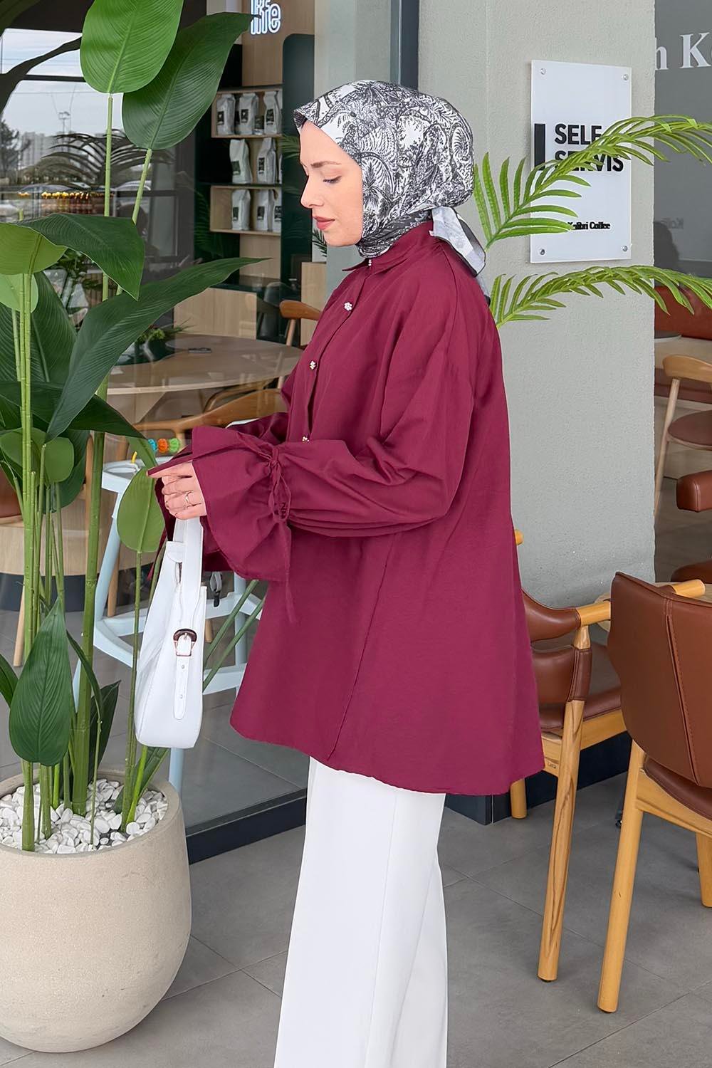 Kol Tünel İp Detaylı Gömlek Bordo