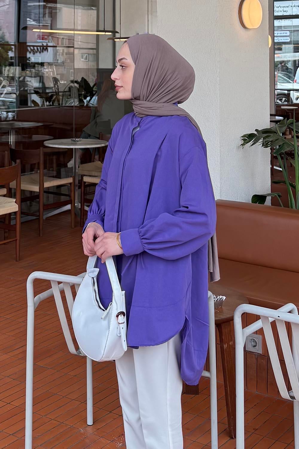 Manşeti Biyeli Tunik Mor