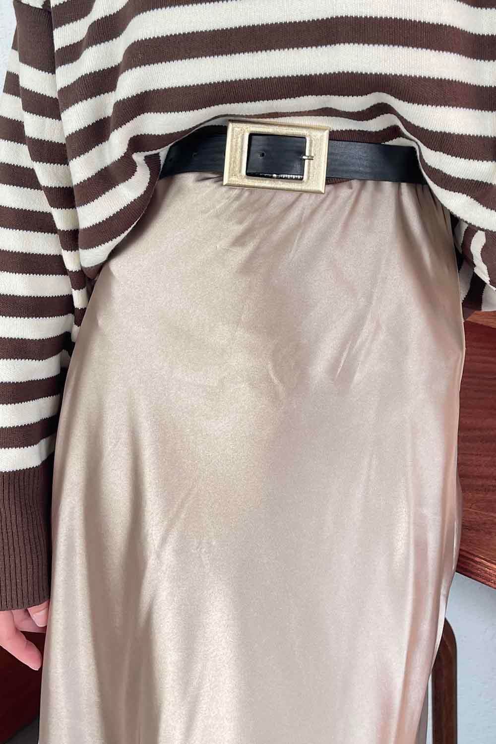 Düz Saten Çan Etek vizonrengi