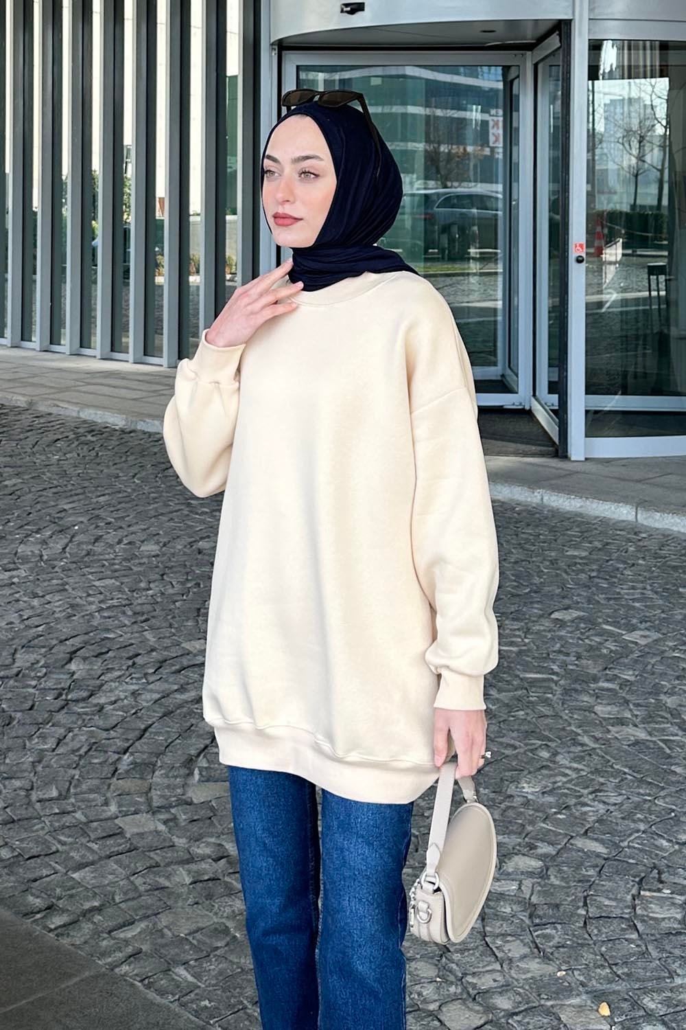 Üç İplikli Yarım Balıkçı Yakalı Basic Tunik Krem