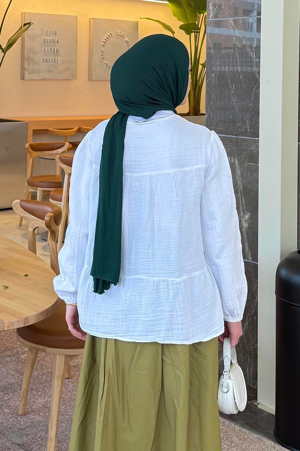 V Yaka Kolları Lastikli Müslim Tesettür Gömlek Beyaz