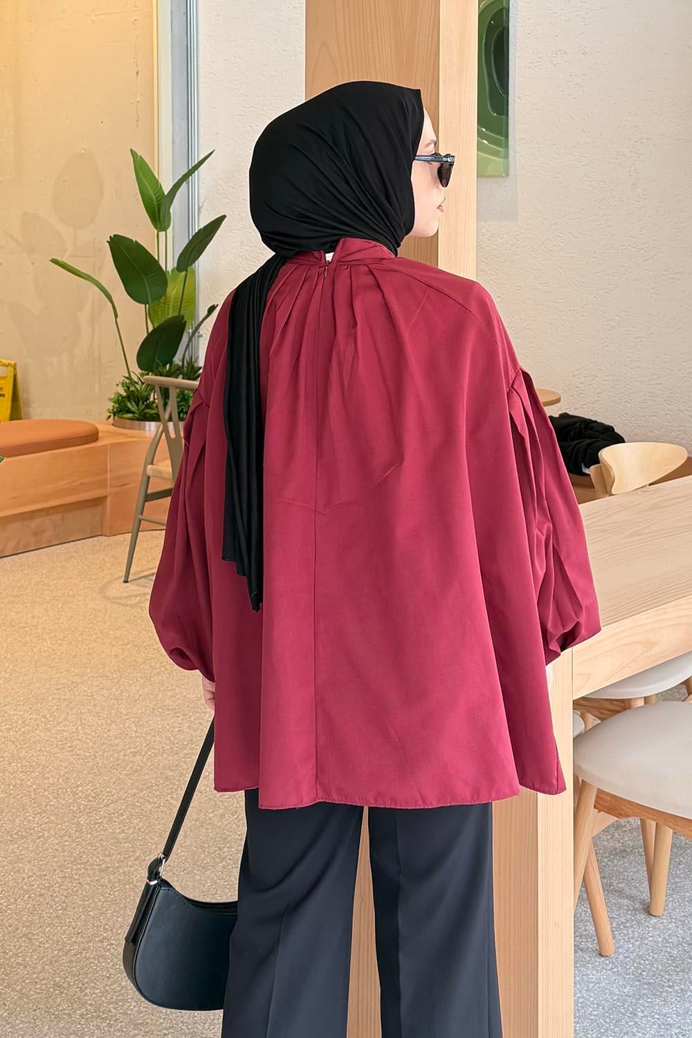 Yaka Fular Detaylı Gömlek Bordo