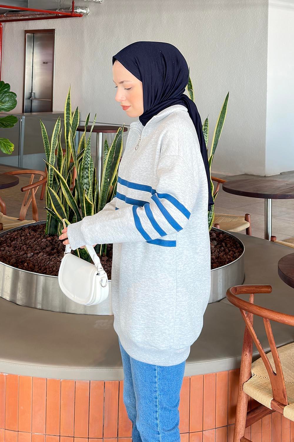 Yarım Fermuarlı Sweatshirt Tunik Gri