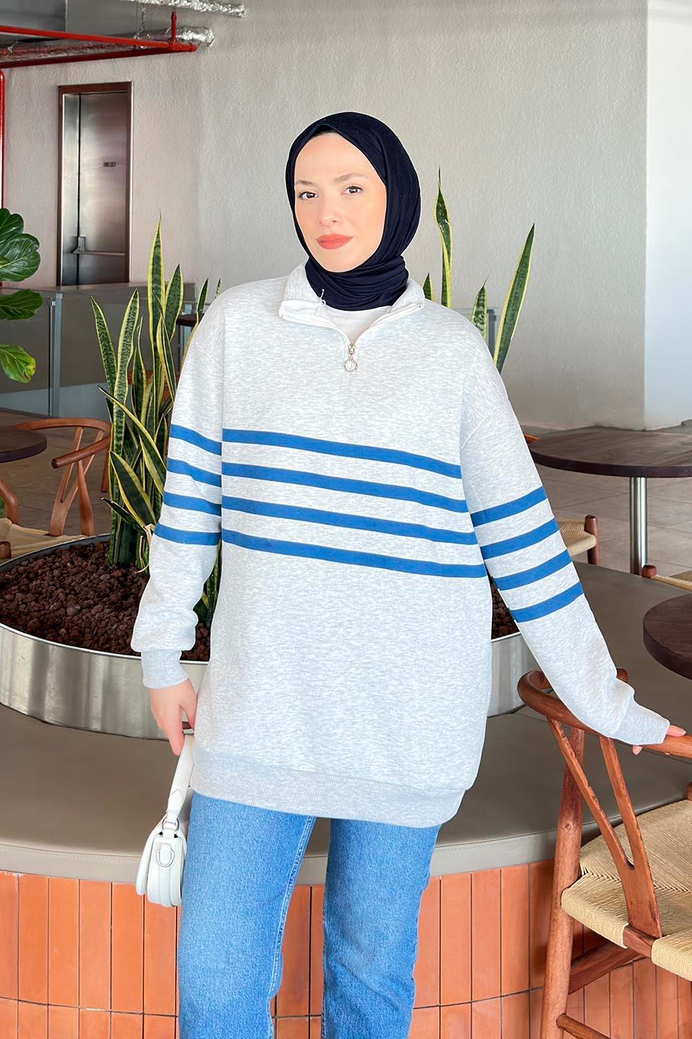 Yarım Fermuarlı Sweatshirt Tunik Gri