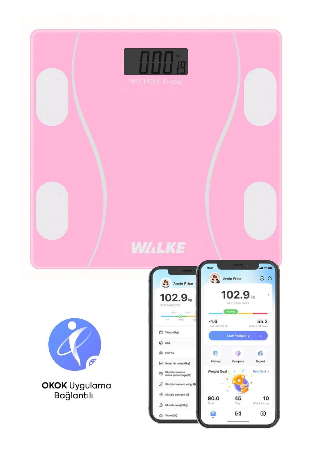 WALKE Premium Uygulama Bağlantılı Akıllı Baskül Pembe