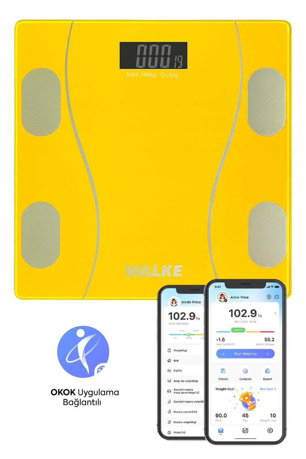 WALKE Premium Uygulama Bağlantılı Akıllı Baskül Sarı