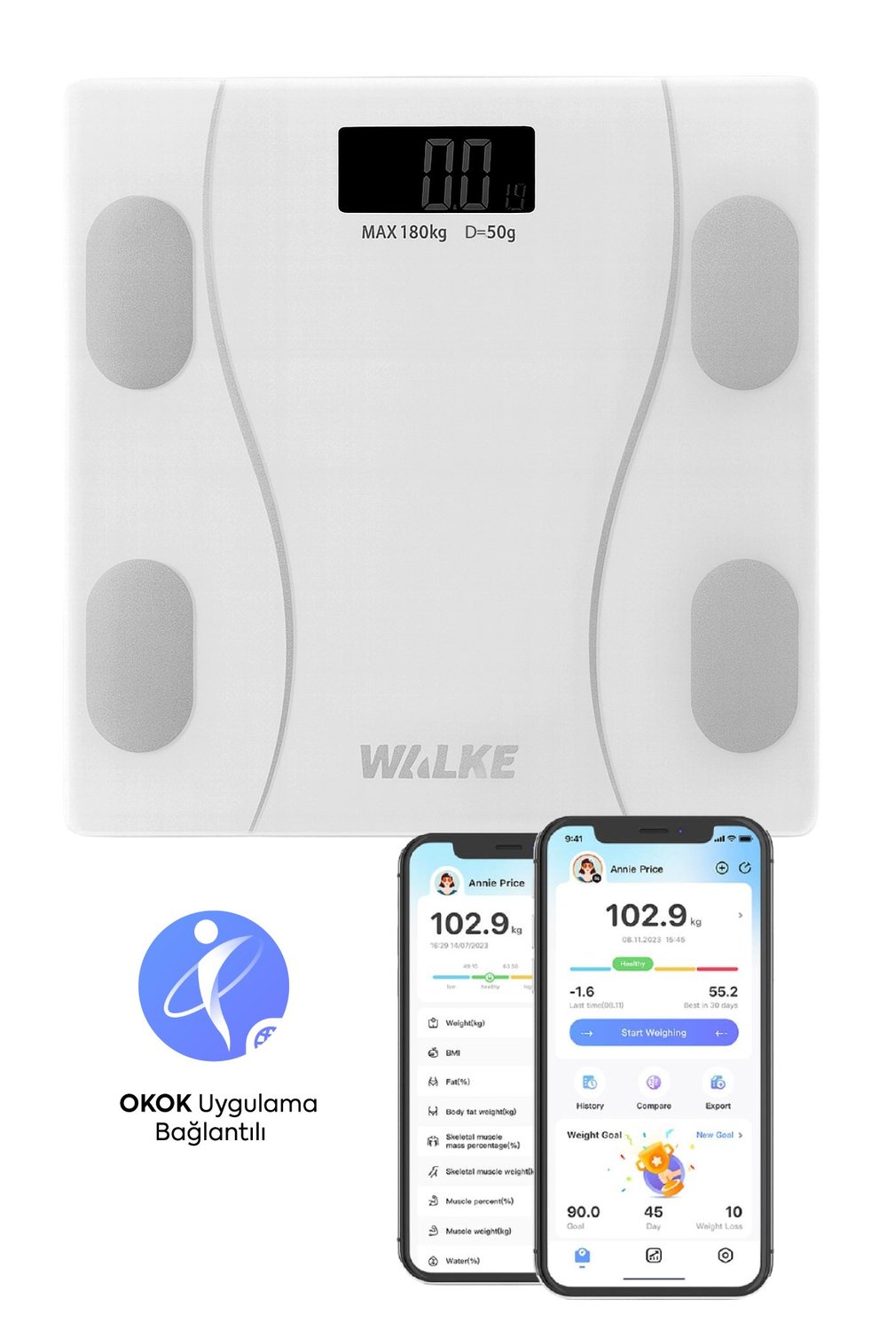 WALKE Premium Uygulama Bağlantılı Akıllı Baskül Beyaz