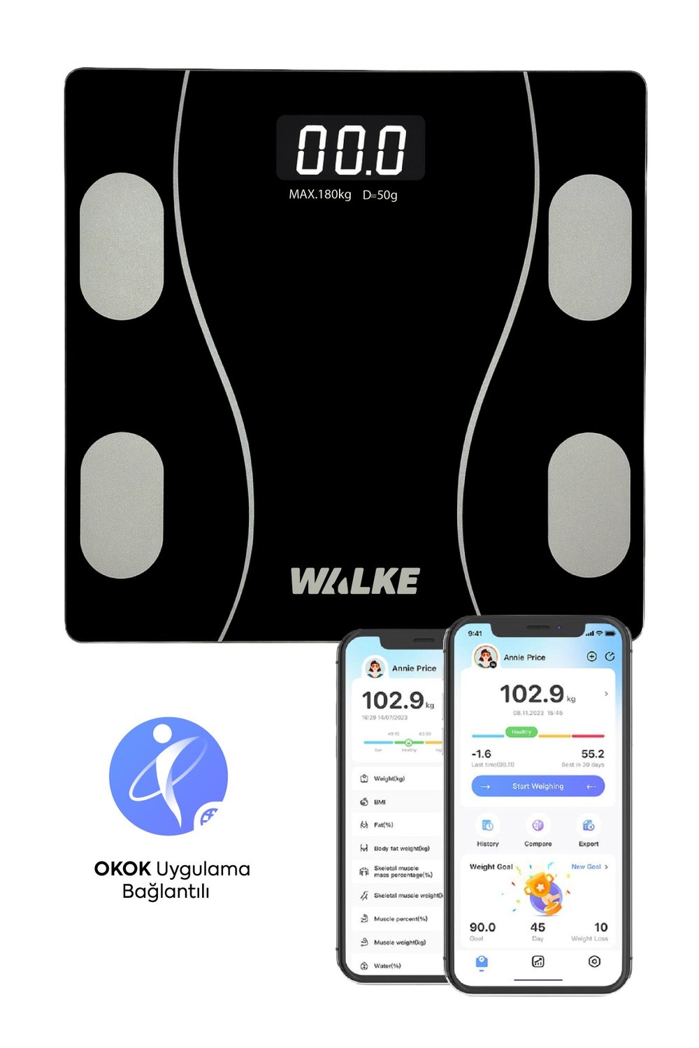 WALKE Premium Uygulama Bağlantılı Akıllı Baskül Siyah