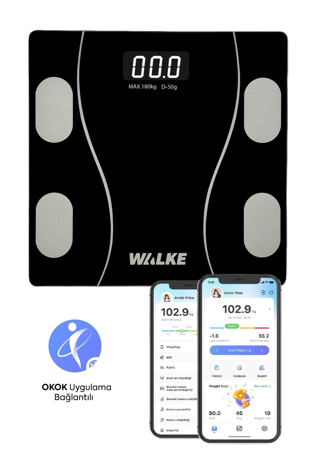 WALKE Premium Uygulama Bağlantılı Akıllı Baskül Siyah