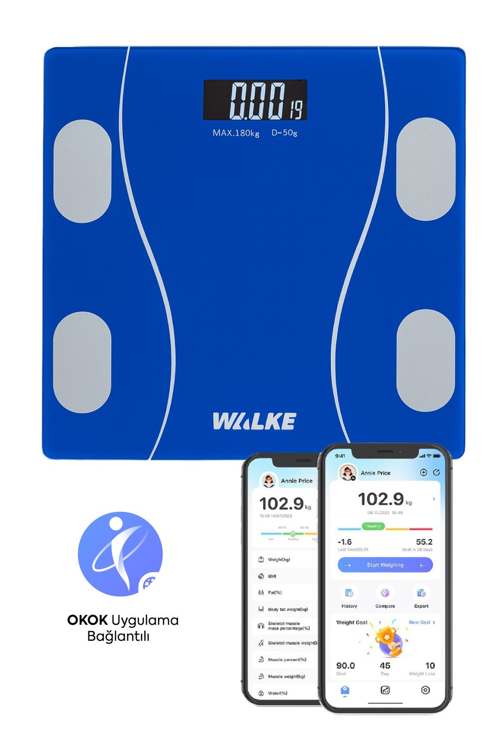 WALKE Premium Uygulama Bağlantılı Akıllı Baskül Mavi