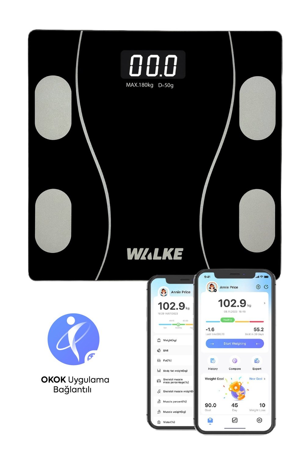 WALKE Premium Uygulama Bağlantılı Akıllı Baskül Siyah