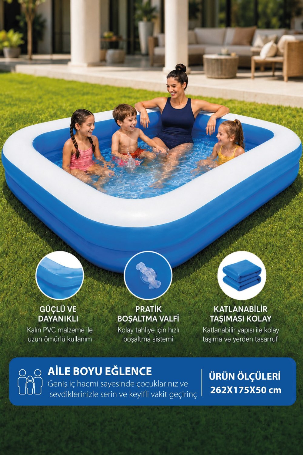 Walke Şişme Aile Havuzu 262x175x51 cm Büyük Boy Dikdörtgen Bahçe Havuzu 14107