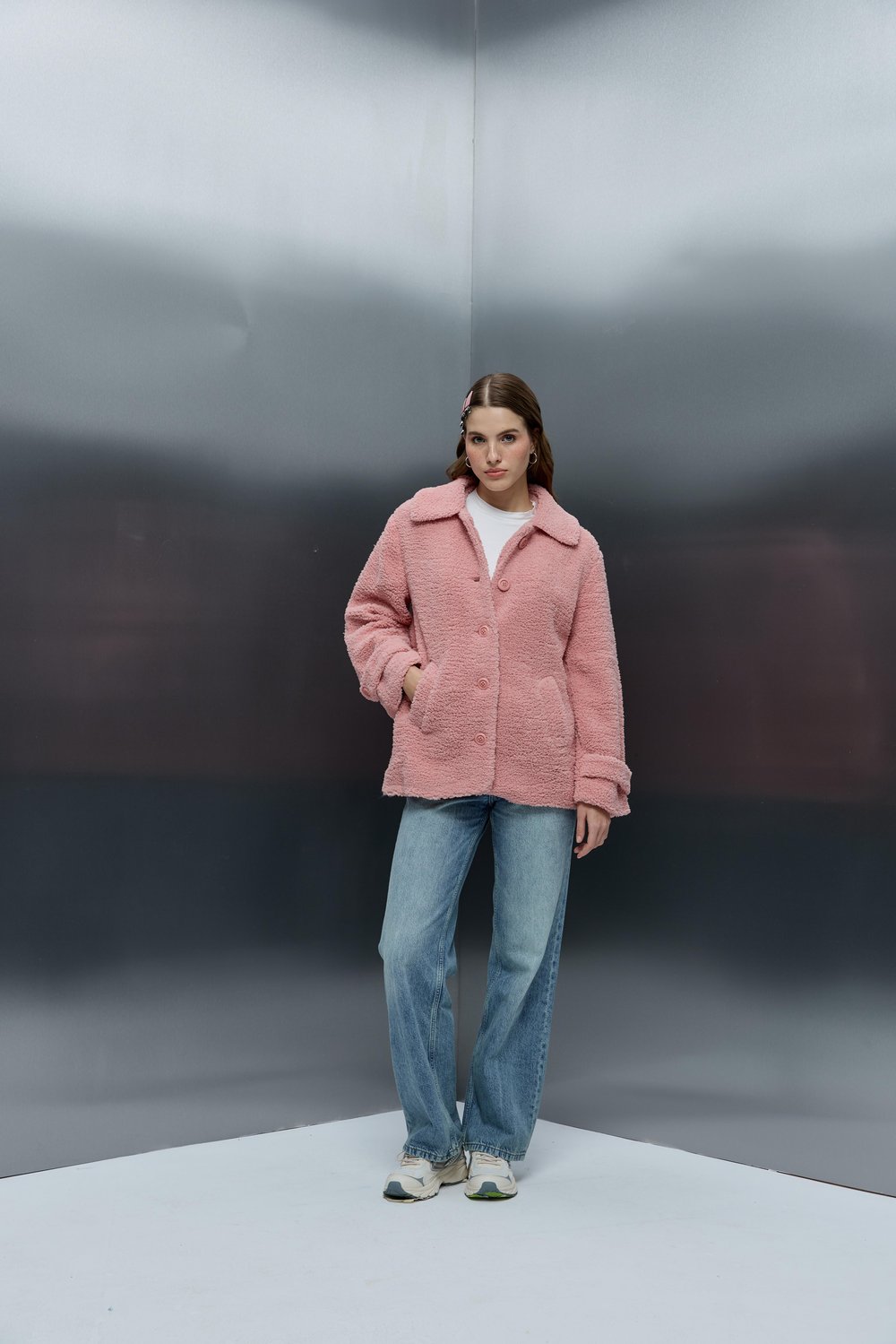 Apolet Detaylı Pembe Peluş Mont