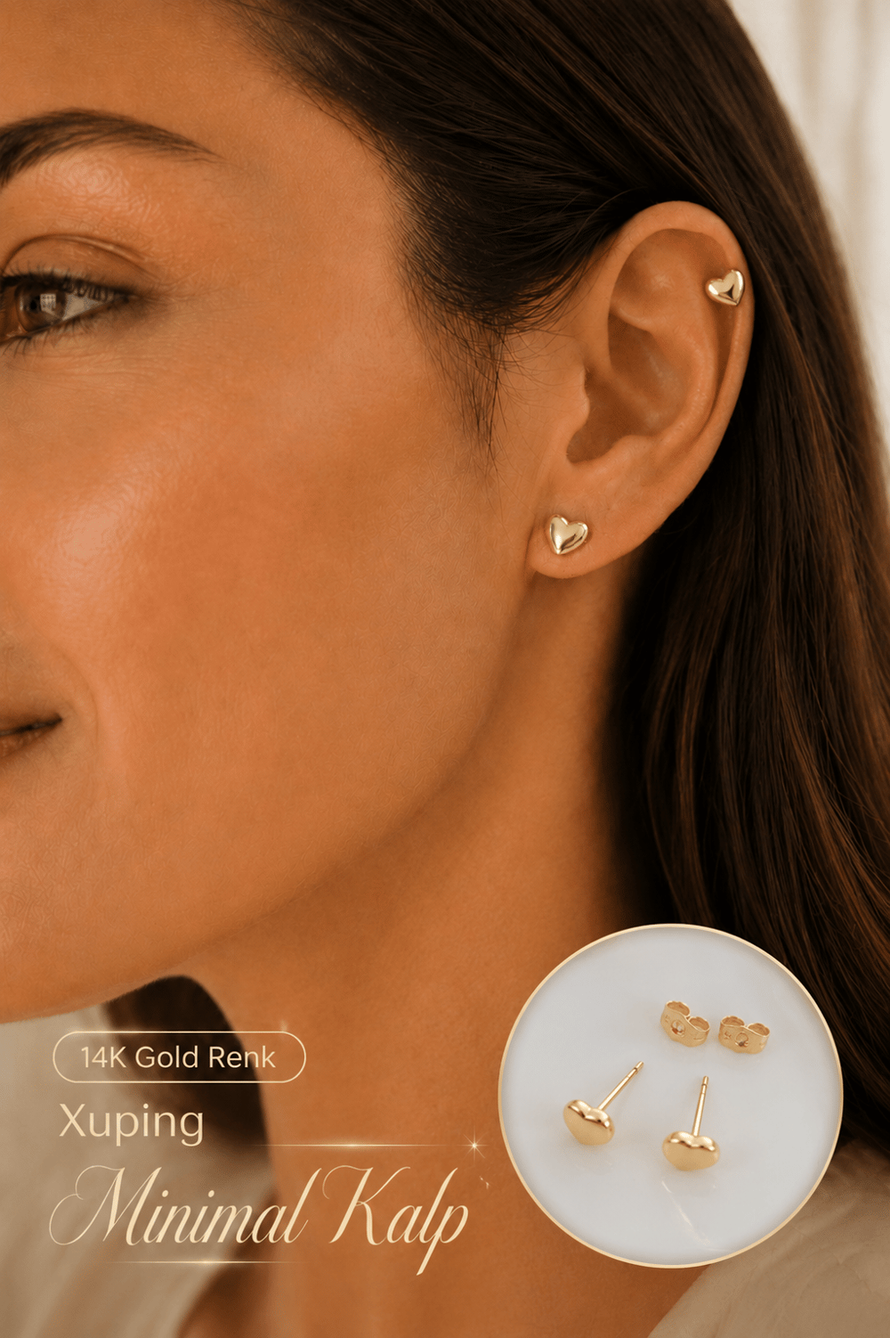 14K Altın Kaplama Mini Kalp Küpe – 4 mm Zarif Tasarım & Helix Uyumlu