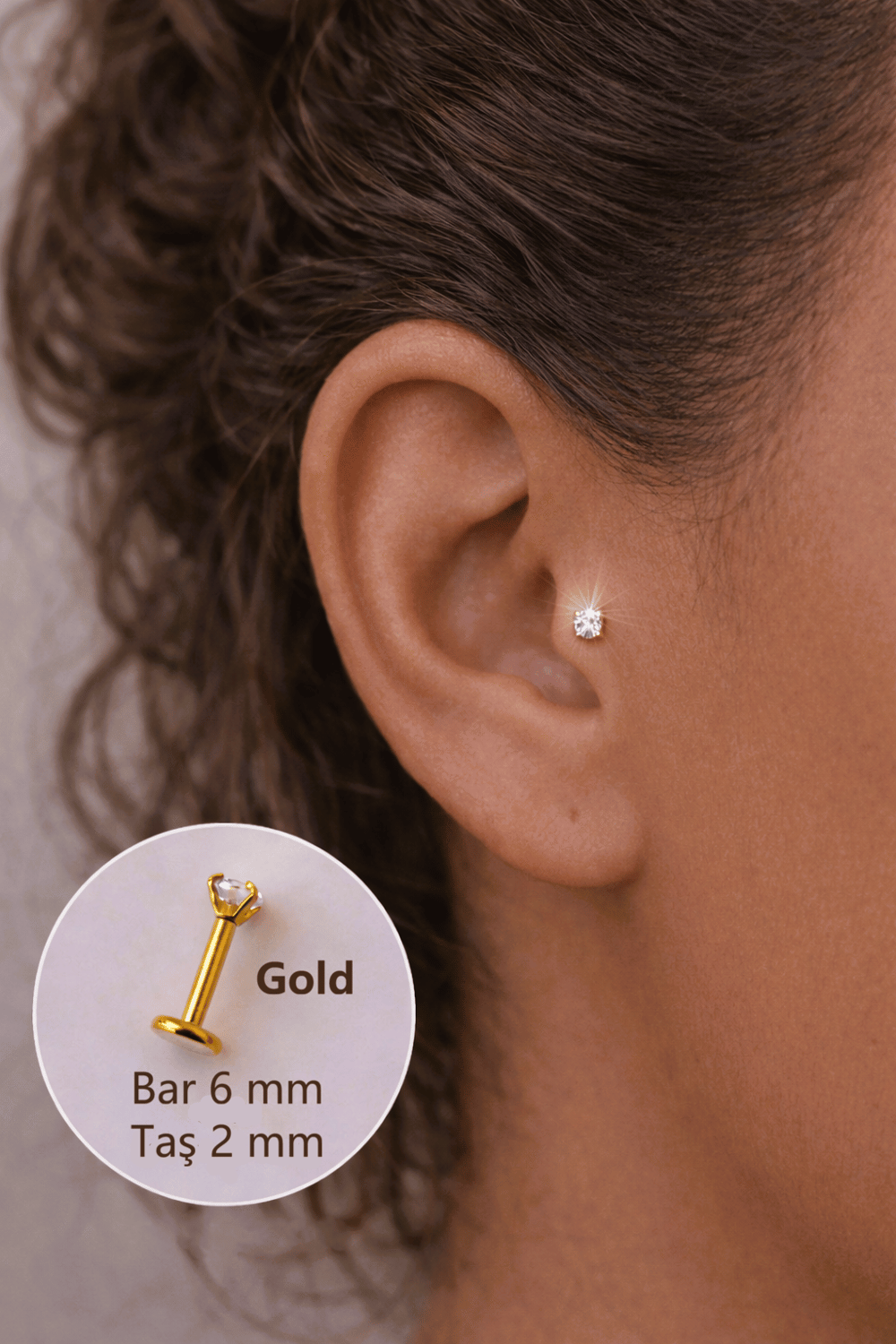 2 mm Tektaşlı 6 mm Çelik Piercing Gold Renkli