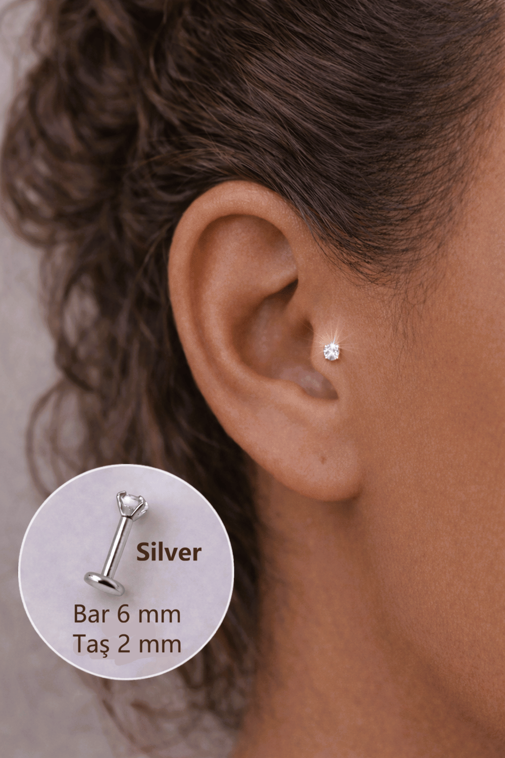 2 mm Tektaşlı 6 mm Çelik Piercing Gümüş Renkli