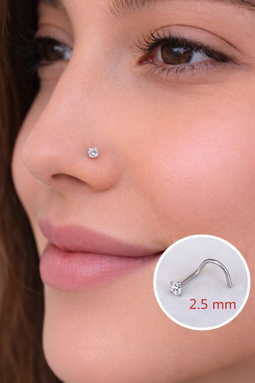 316 L Çelik 2.5 mm Tektaş Hızma Arkası Kıvrımlı Düşmeyen Burun Piercingi