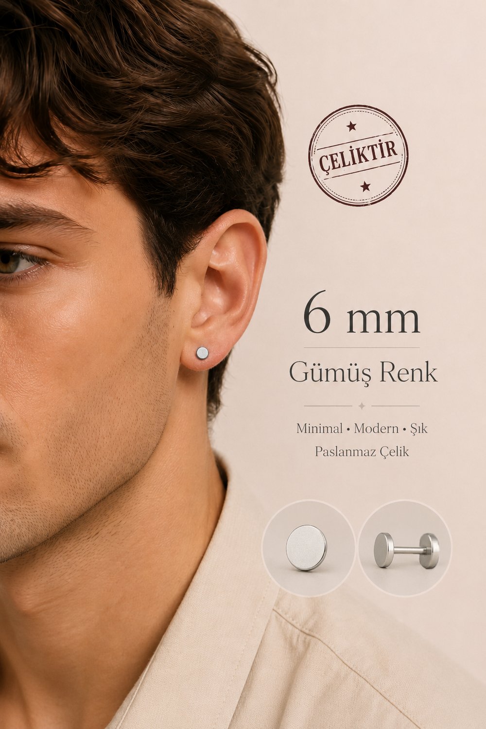 316L Çelik Erkek Küpe 6 mm Çift Taraflı Daire Vidalı Gümüş Renk Tek Adet Unisex