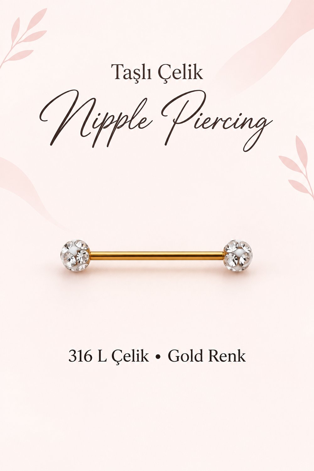 316L Çelik Kristal Taşlı Nipple ve Dil Piercing 16 mm Barbell Gold Gümüş Renk