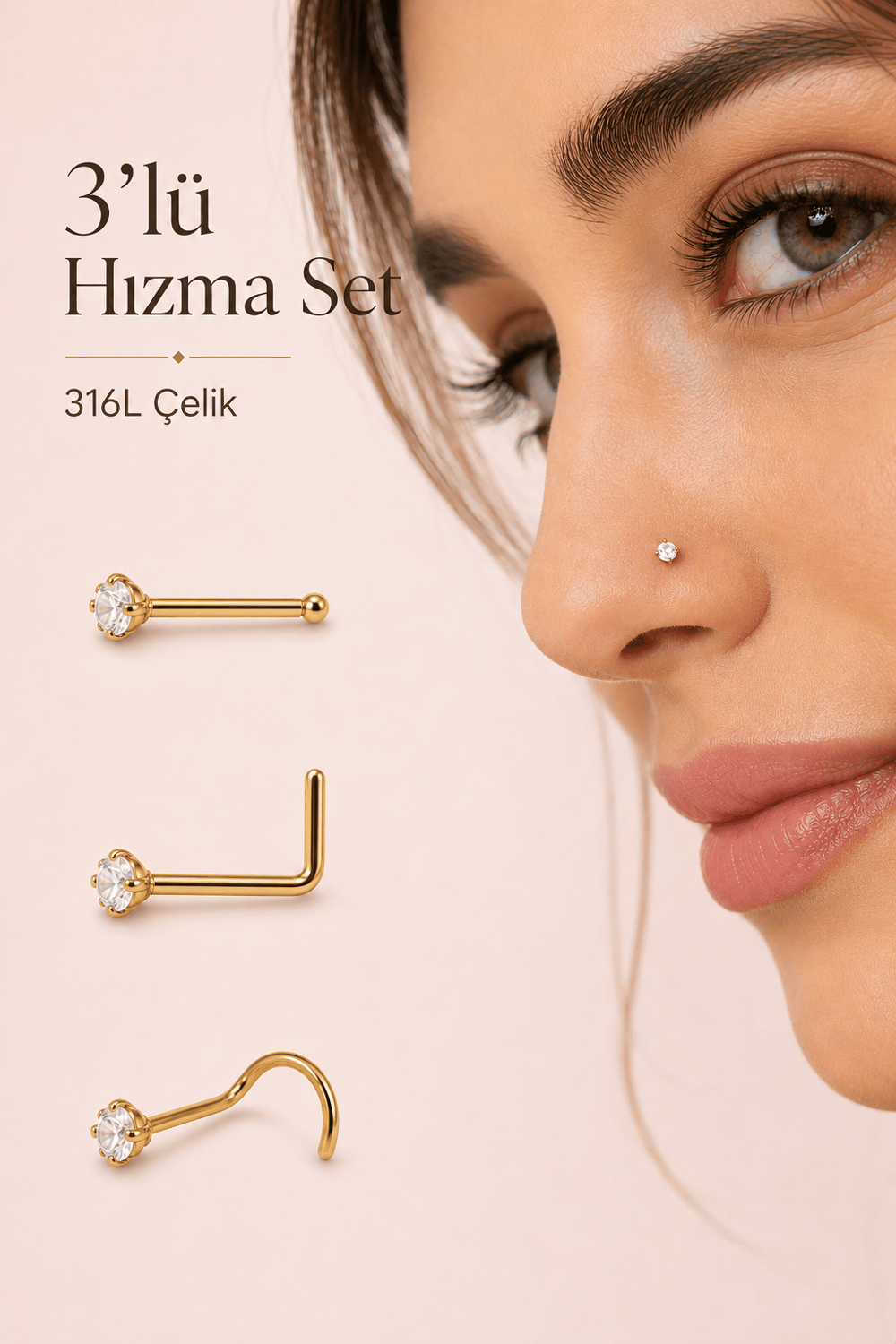 3'lü 316L Çelik Burun Hızması Seti 3 mm Zirkon Taşlı Düz L Kıvrımlı