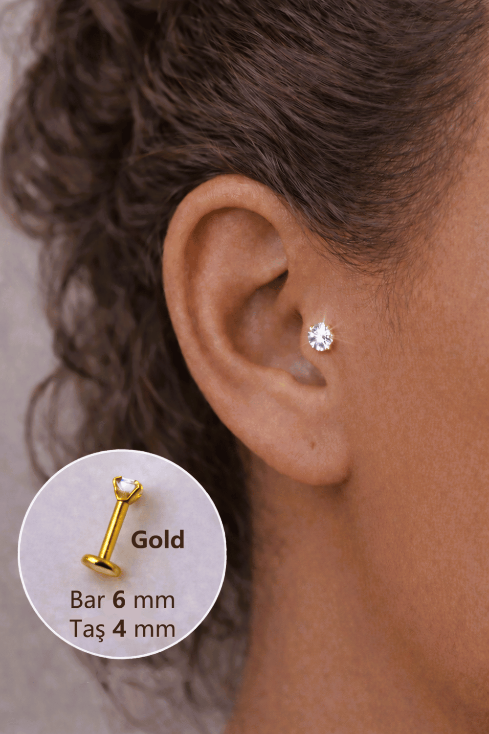 4 mm Tektaşlı 6 mm Çelik Piercing Gold Renkli