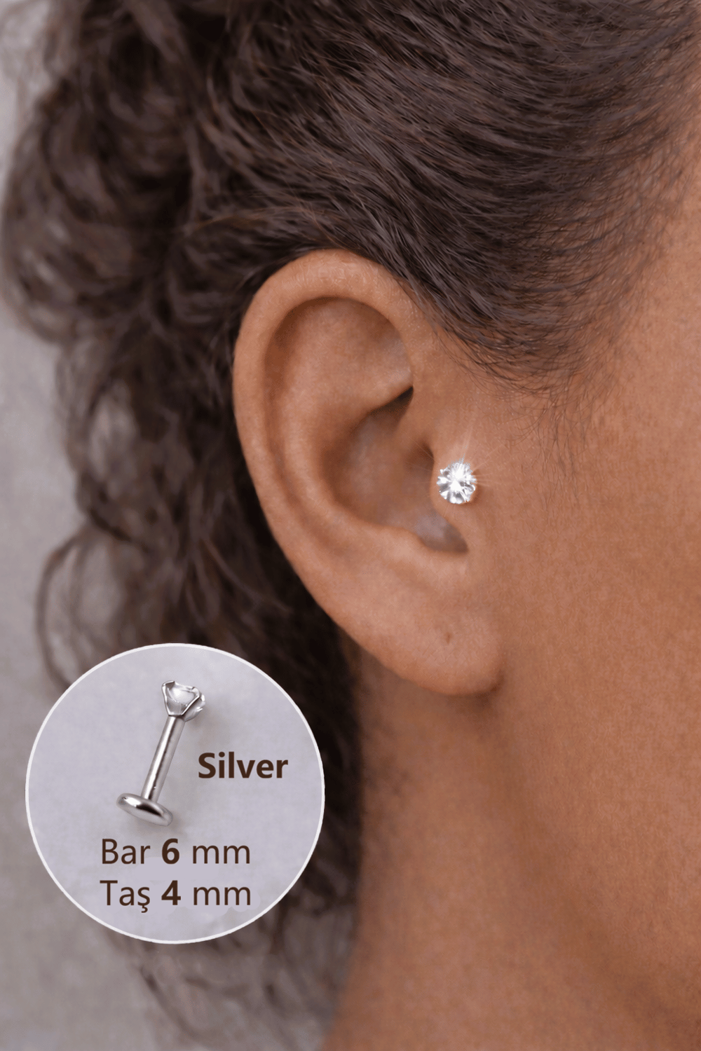 4 mm Tektaşlı 6 mm Çelik Piercing Gümüş Renkli