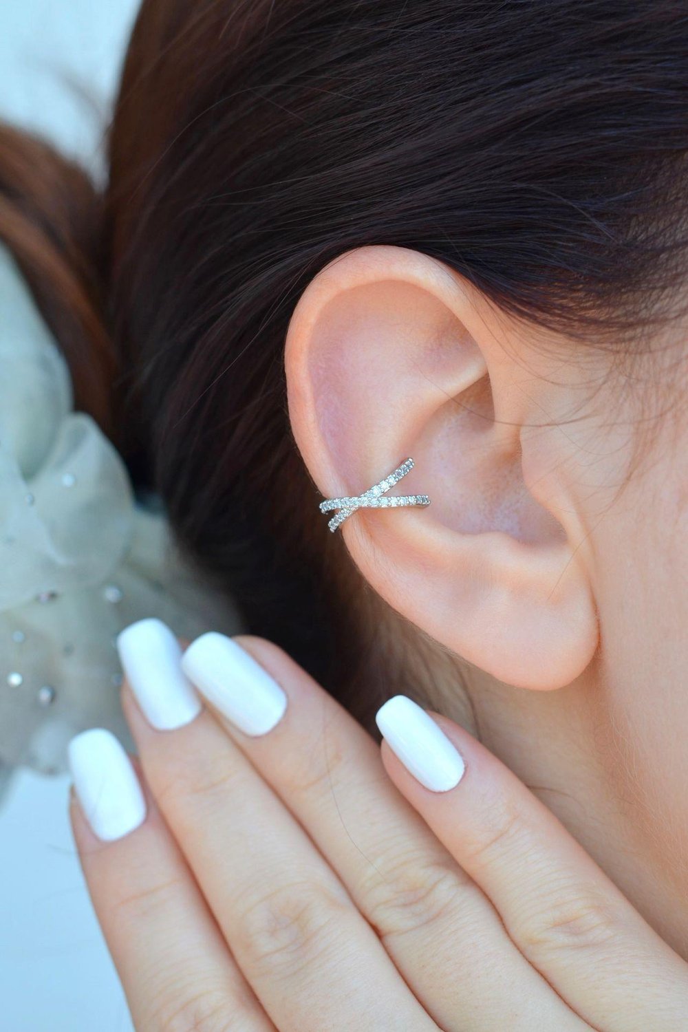 Delik Gerektirmeyen Kıkırdak Küpesi Çapraz Model Earcuff Gümüş Renk