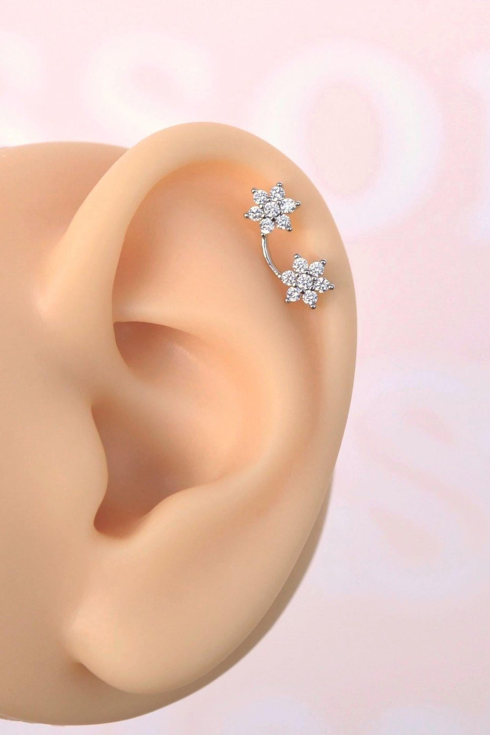 İki Çiçekli Helix Piercing Kıkırdak Lob Gümüş Renk