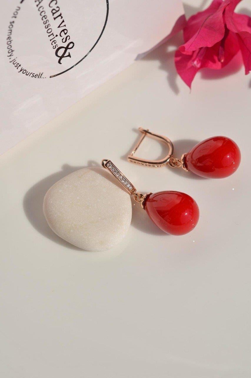 Kırmızılı İncili Küpe