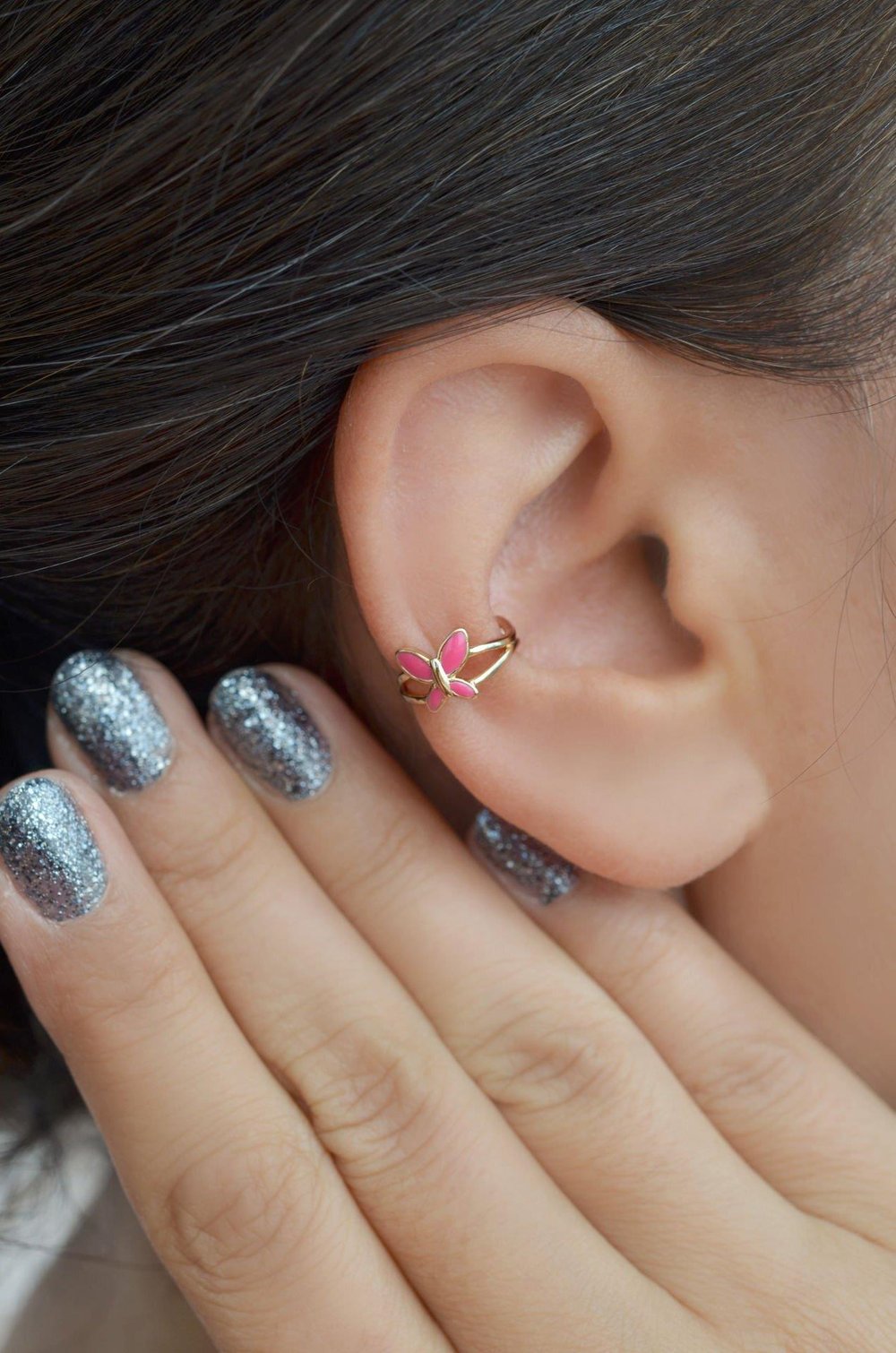 Sıkıştırmalı Kıkırdak Küpesi Pembe Kelebek Earcuff