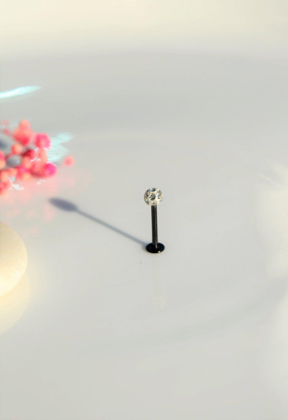 Taşlı Top Uçlu Çelik Piercing Dudak Dil 12 mm Siyah