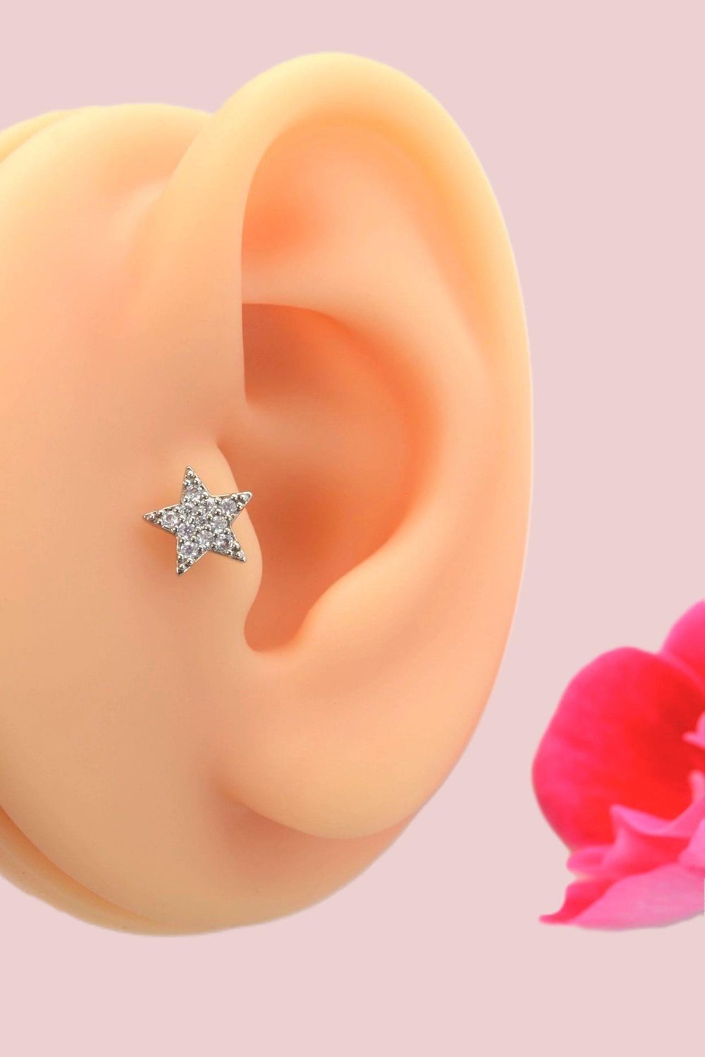 Zirkon Taşlı Arkası Düz Çelik Yıldız Tragus Piercing Helix Lob