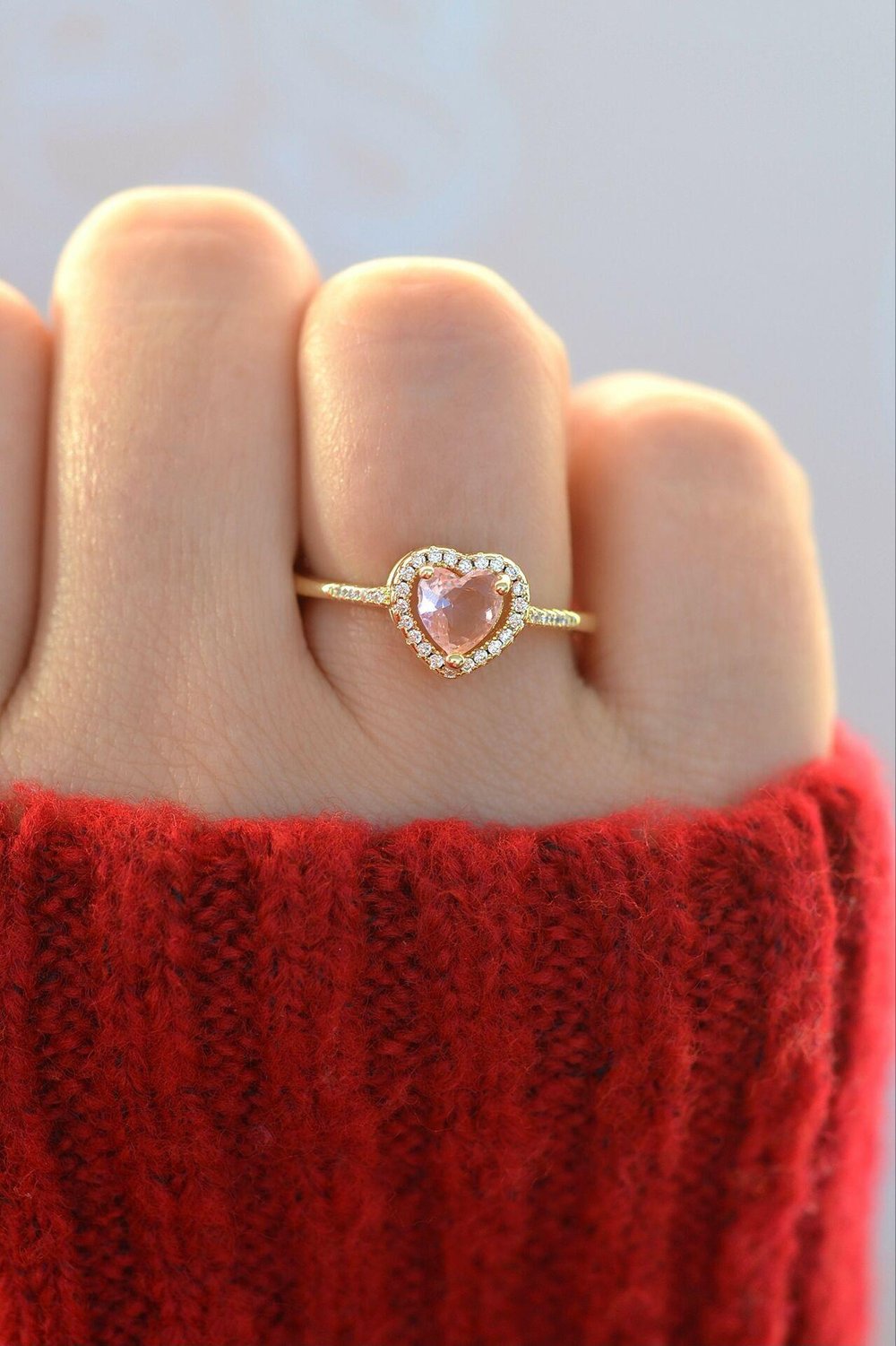 Zirkon Taşlı Pembe Kalpli Yüzük Gold Renk Ciddi İlişki Yüzüğü