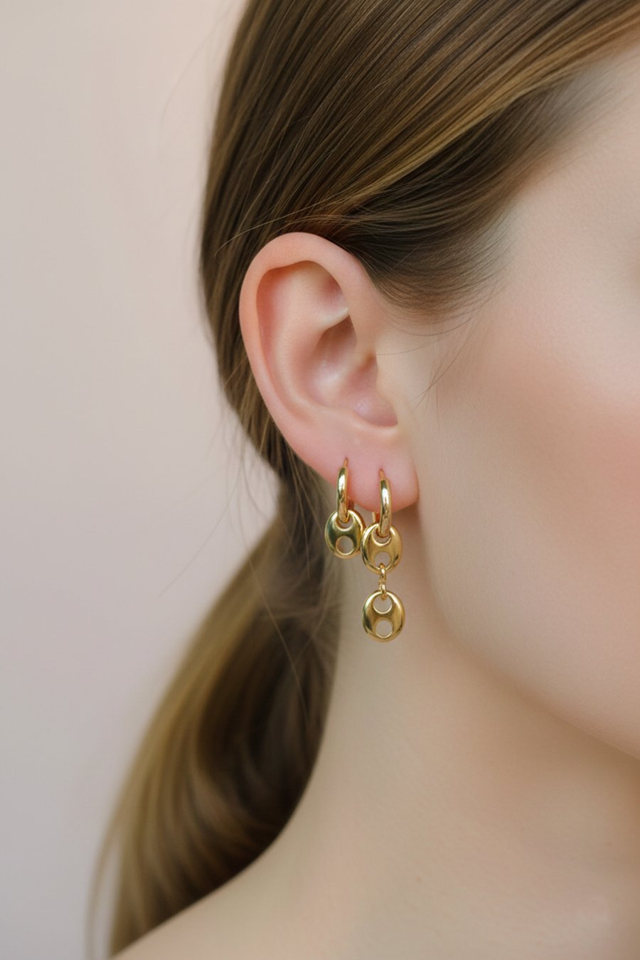 Asimetrik Rose Gold Zincir Charm Halka Küpe