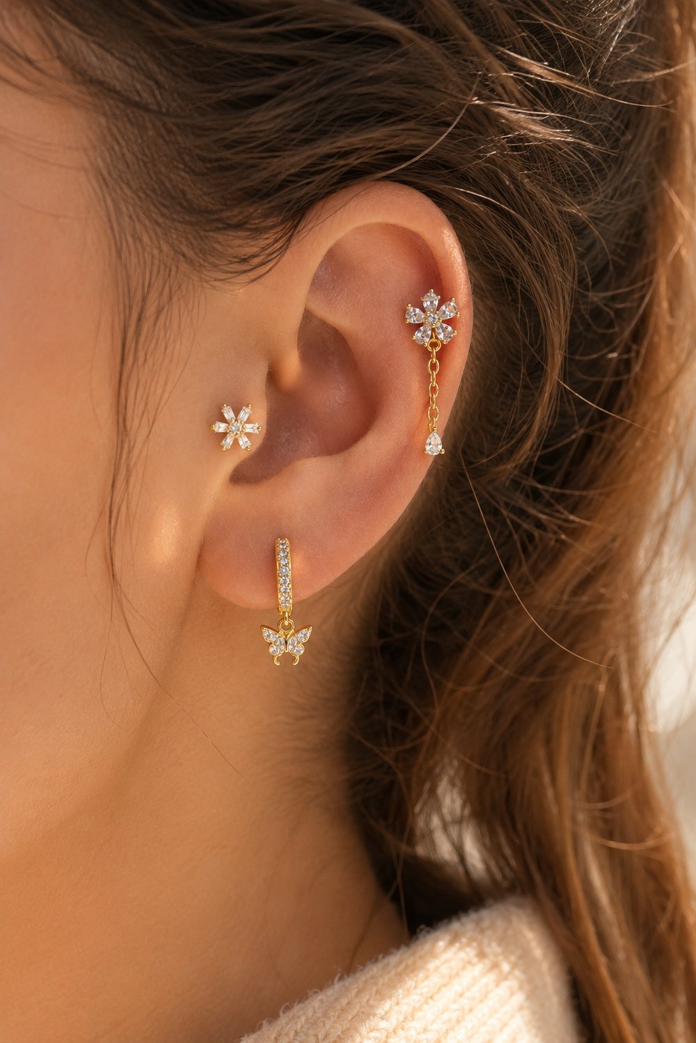 Bahar Esintisi 3'lü Piercing Seti Gold Kelebek Halka ve Zirkon Taşlı Çiçek Piercing