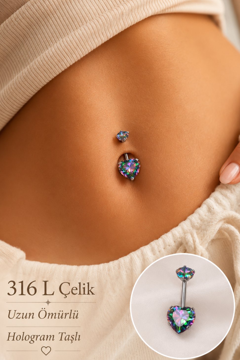 Çelik Kalp Model Galaksi Tektaş Göbek Piercing Gümüş Renkli