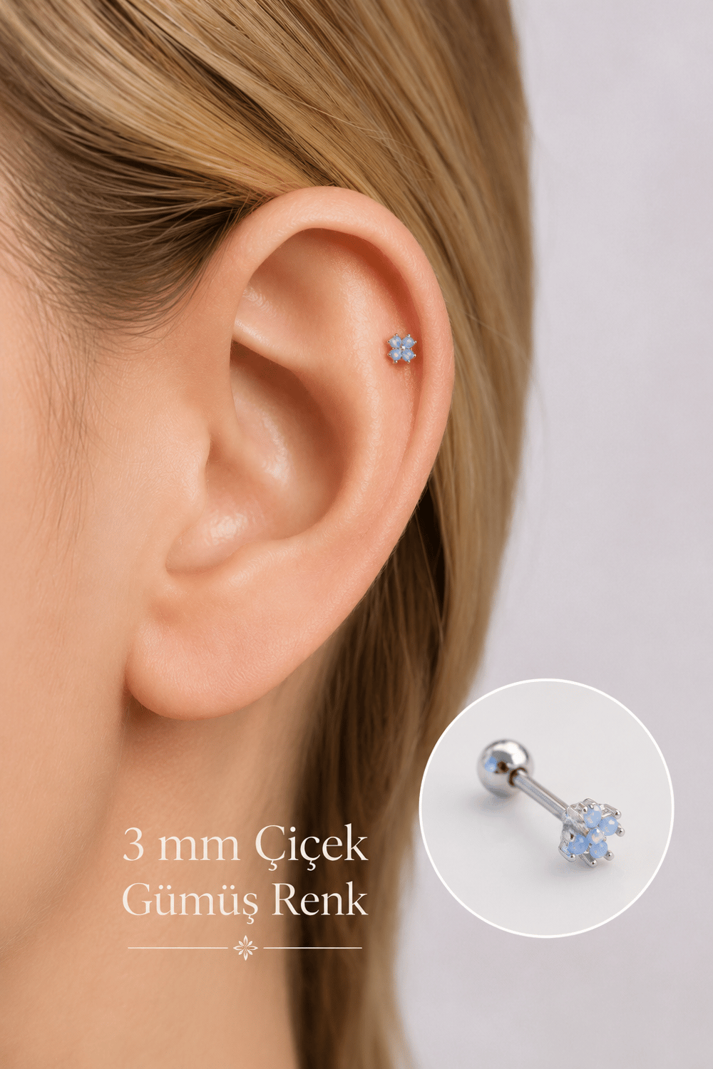 Çok Mini Çiçekli Helix Piercing Tragus Kıkırdak Piercing Gümüş Renk
