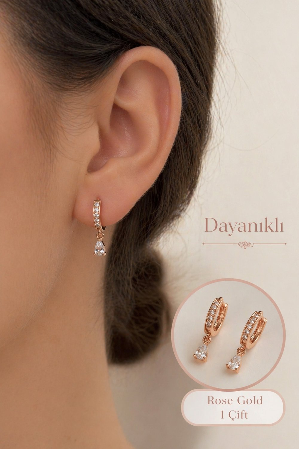 Damla Zirkon Taşlı Halka Küpe Rose Gold 1 Çift