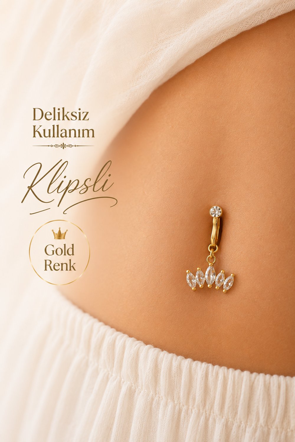 Deliksiz Klipsli Taç Figürlü Göbek Piercing Taşlı Sıkıştırmalı Göbek Takısı