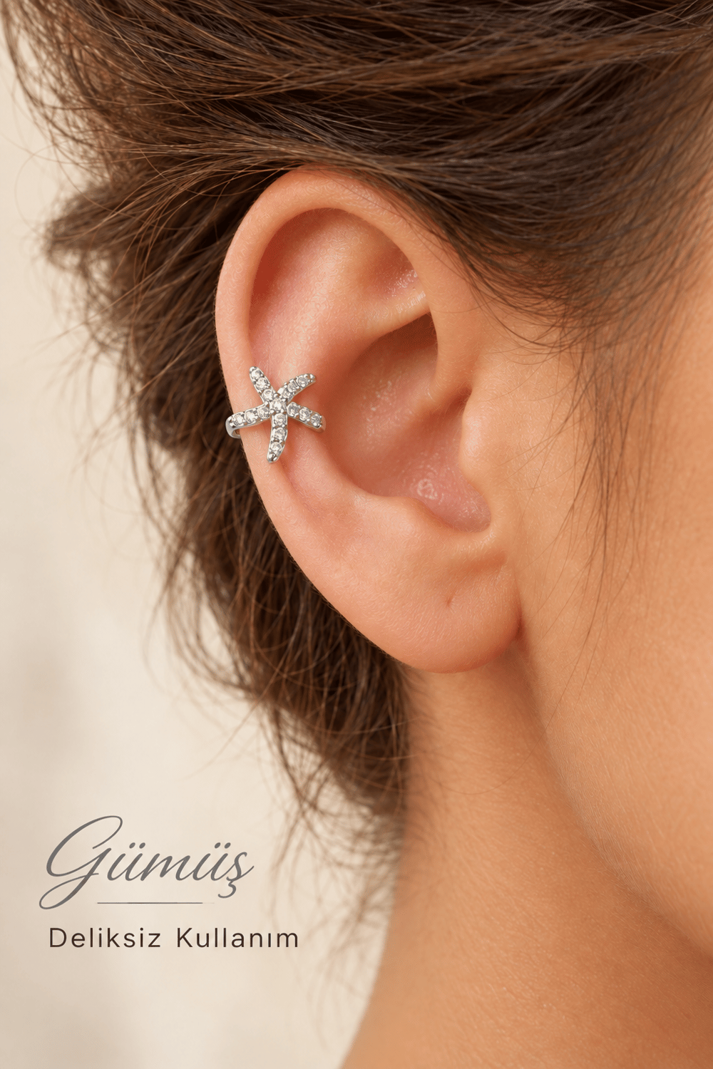 Deniz Yıldızı Figürlü Zirkon Taşlı Earcuff Sıkıştırmalı Kıkırdak Küpesi