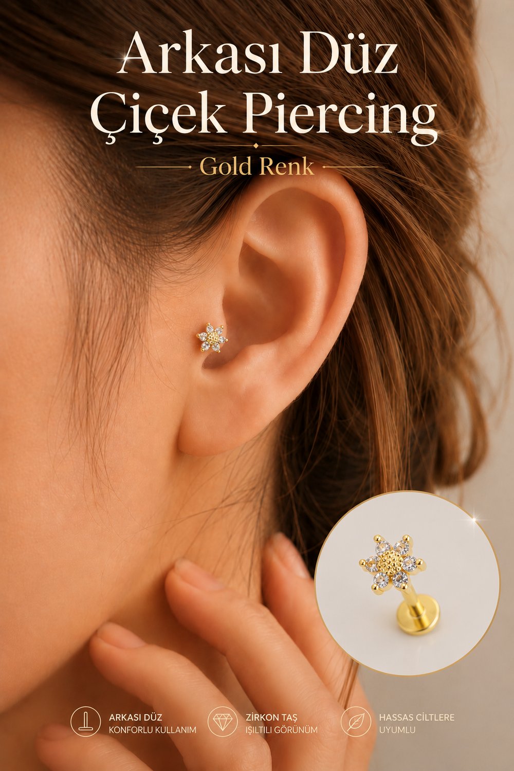 Gold Mini Çiçek Tragus Piercing Helix Kıkırdak