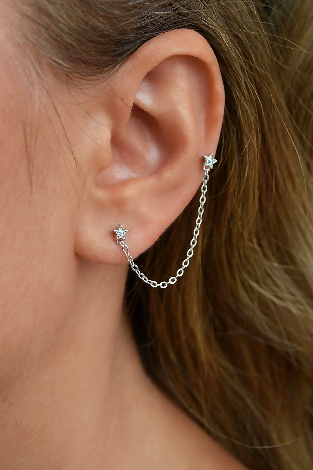 Gümüş Renkli Taşlı Yıldız Zincir Sallantılı Piercing Helix Kıkırdak Lob