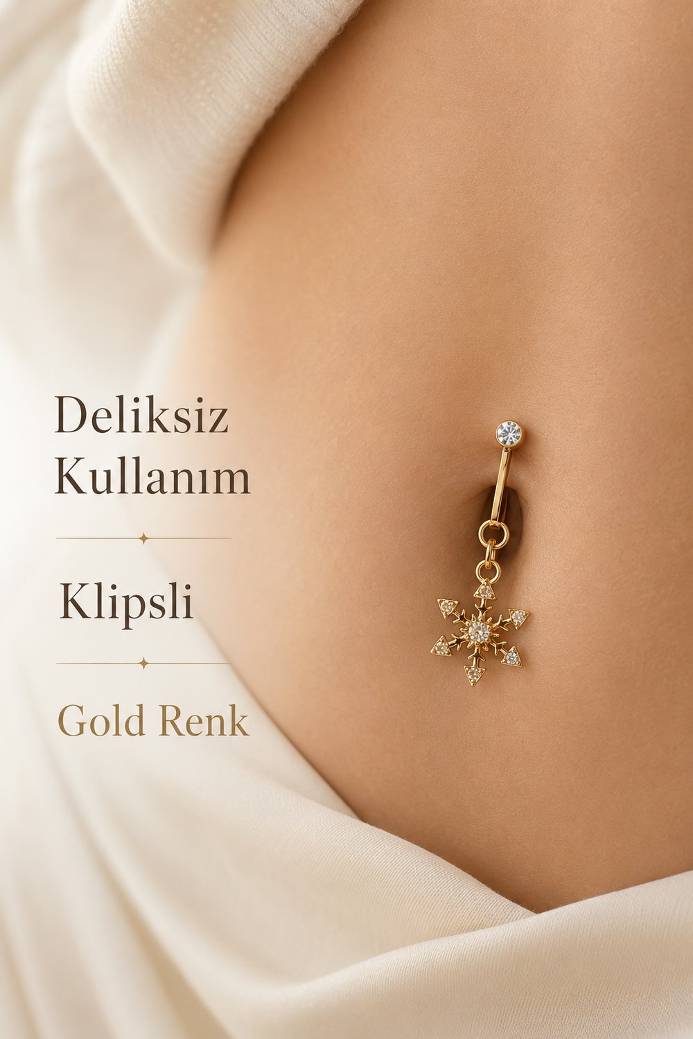 Kar Tanesi Klipsli Göbek Piercingi Deliksiz Zirkon Taşlı Çelik